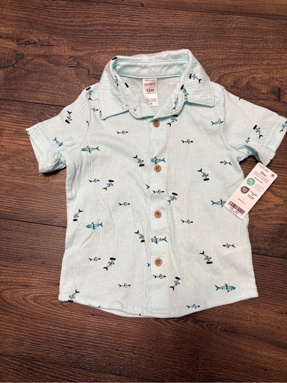 🐳 Carter’s Boys Shark Button Down Shirt 12M NWT